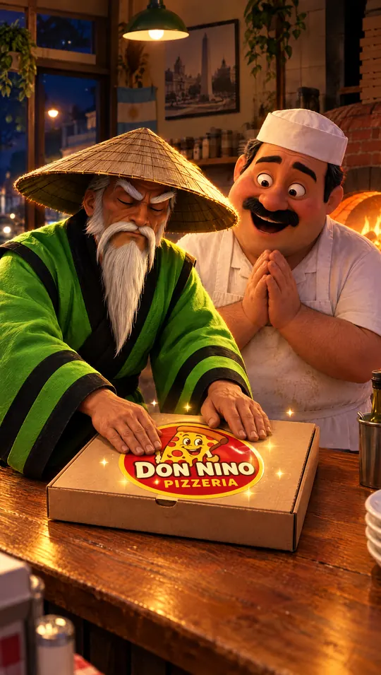 Después: el Sensei pega el calco de Don Nino Pizzería en la caja y el pizzero sonríe